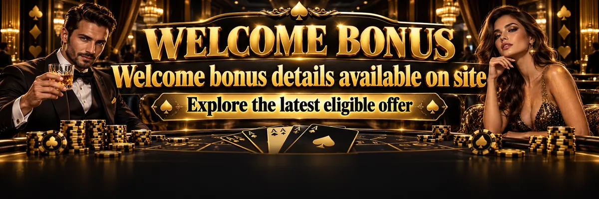 Gold and near-black welcome bonus banner showing a sharply dressed casino host and glamorous evening-dressed VIP woman beside playing cards and polished poker chips in a luxurious cabaret casino