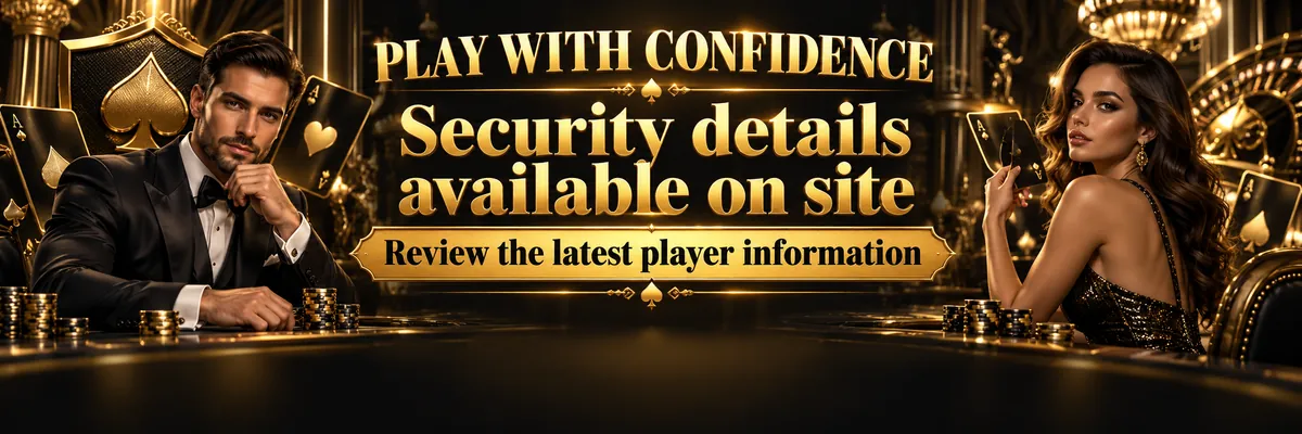 Gold and near-black casino security banner showing two elegant VIP hosts in a dim cabaret interior with layered portraits, gold playing cards and polished table surfaces